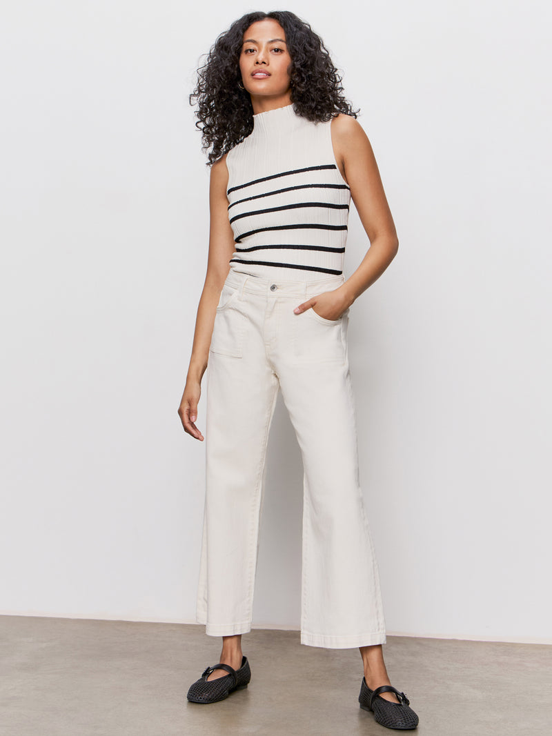 Ribbed Funnel Neck Top Light Oat/Black alt 4