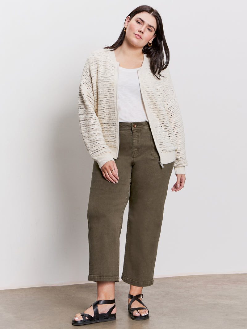 Open Knit Bomber Jacket Chalk Extended Sizing alt 5