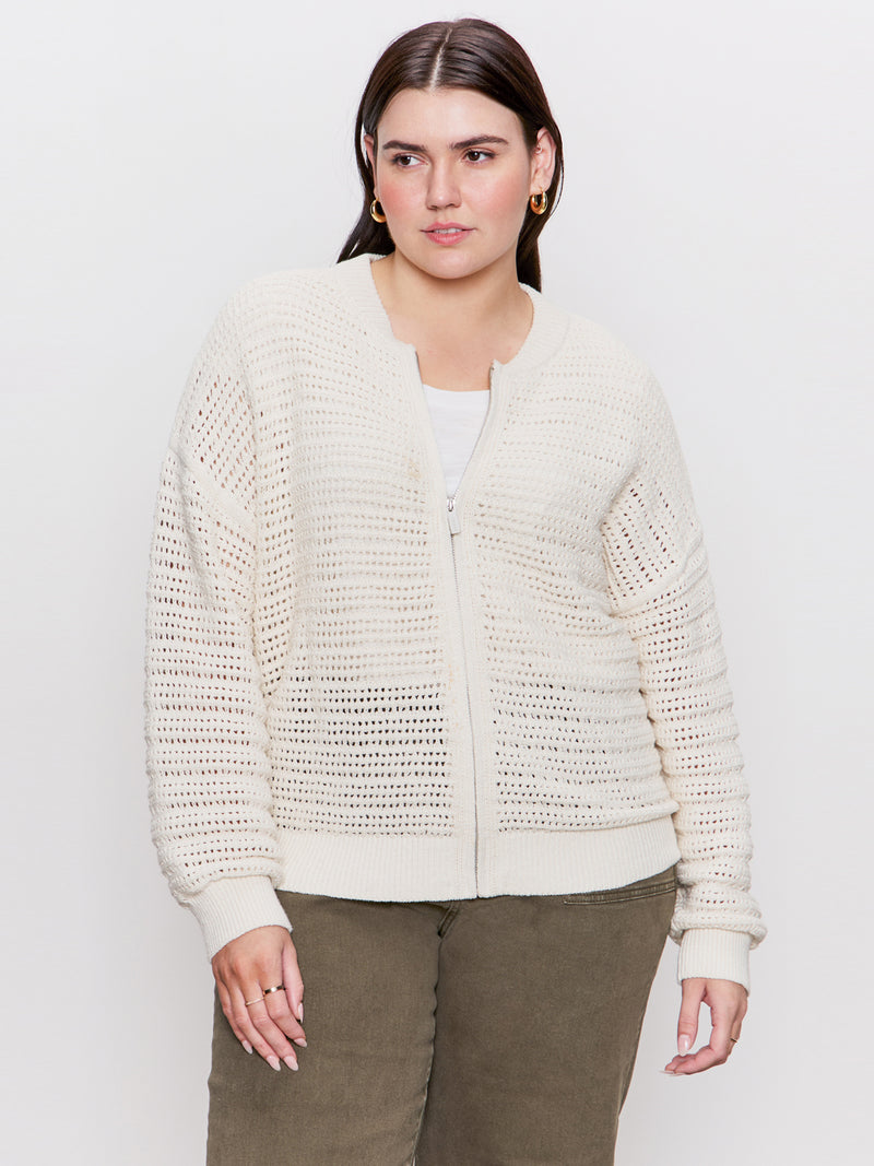 Open Knit Bomber Jacket Chalk Extended Sizing alt 4