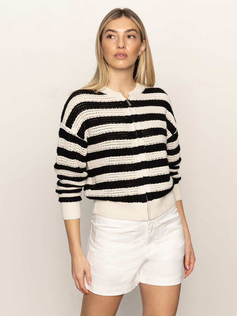 Open Knit Bomber Jacket Macrame Black Stripe alt 4