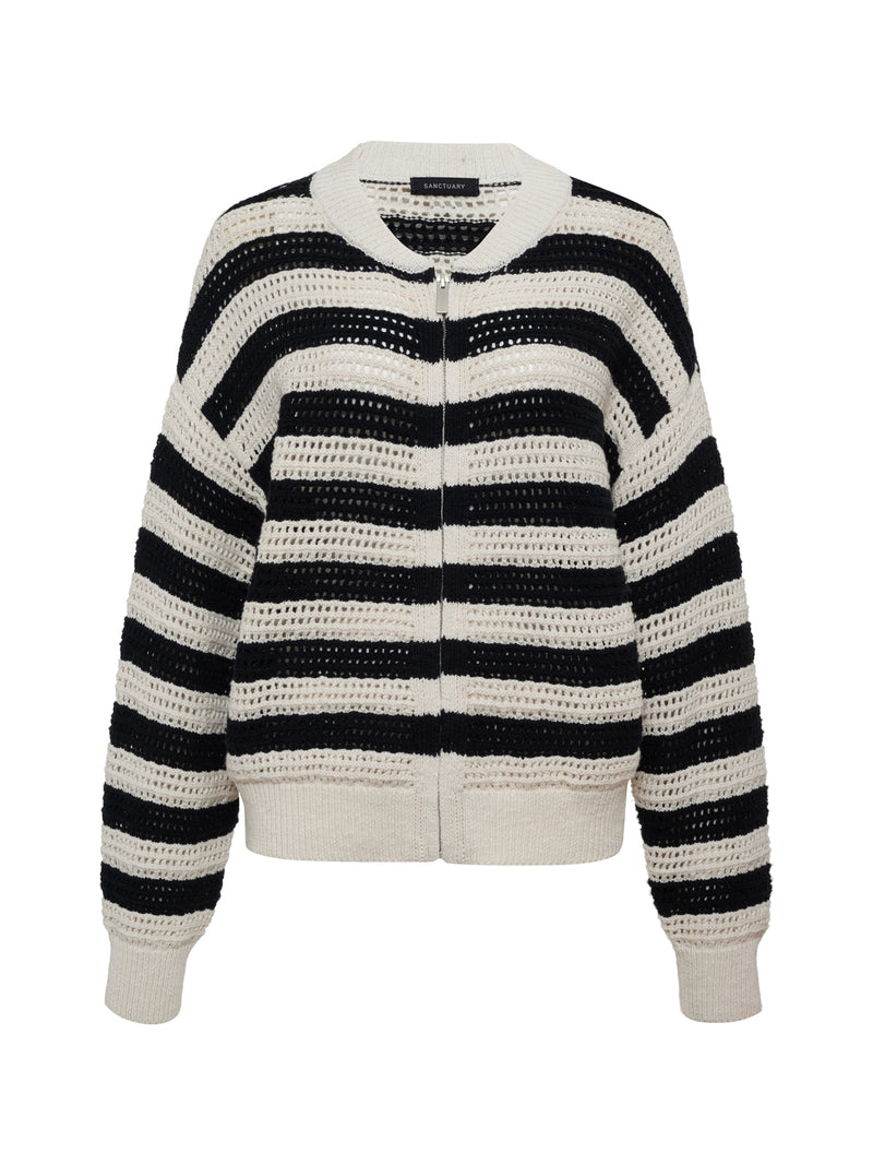 Open Knit Bomber Jacket Macrame Black Stripe Extended Sizing alt 4