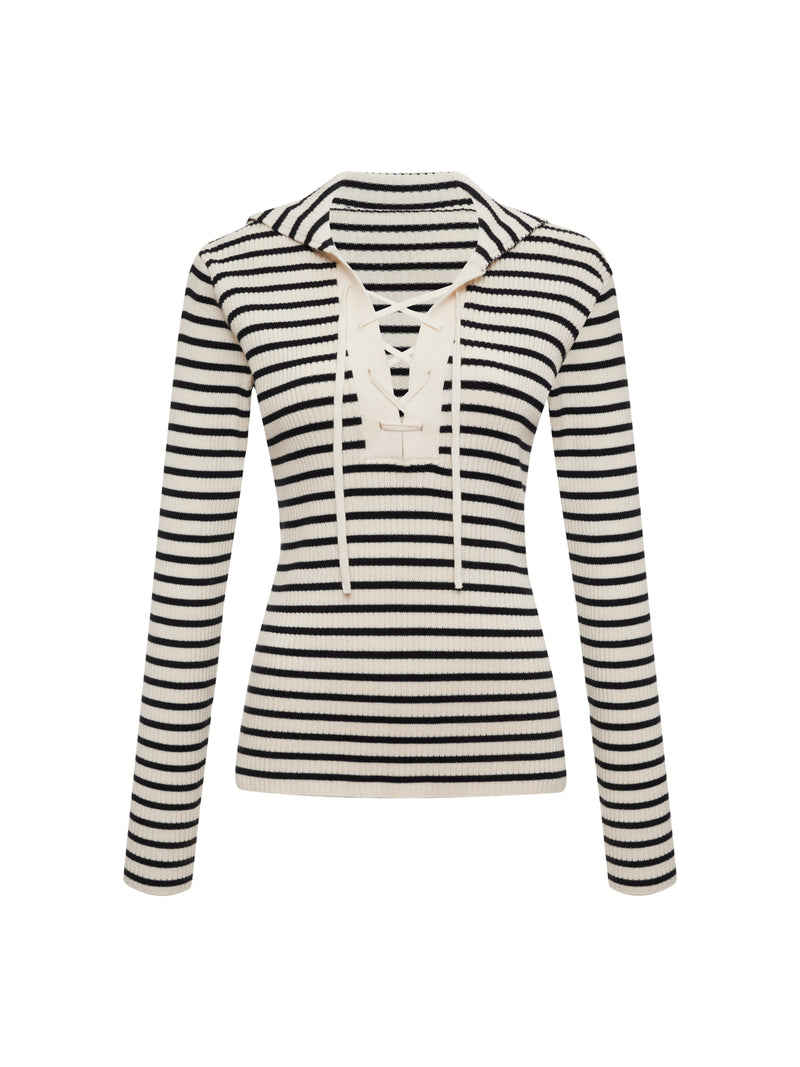 Lace Up Popover Sweater Black Macrame Stripe alt 6