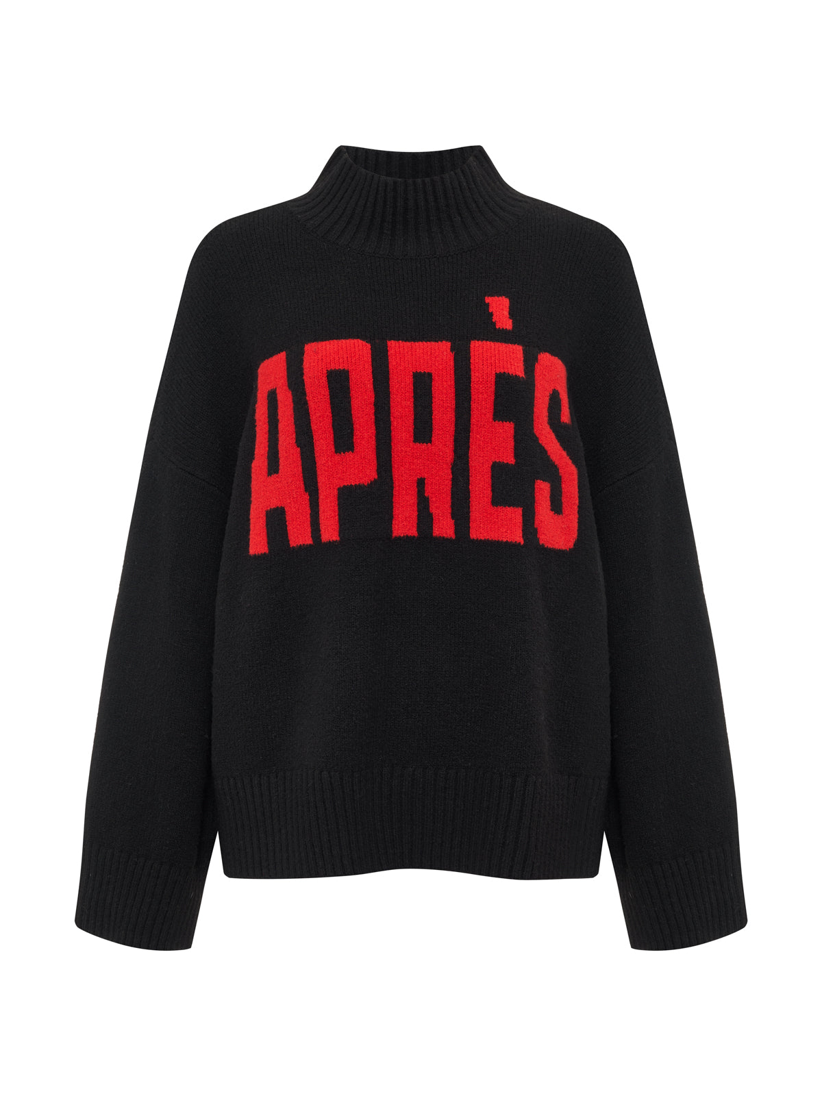The Sanctuary Clothing après ski sweater in black mars red petite sizing features "APRÈS" in bold red on the chest, a high ribbed neckline, and long sleeves.