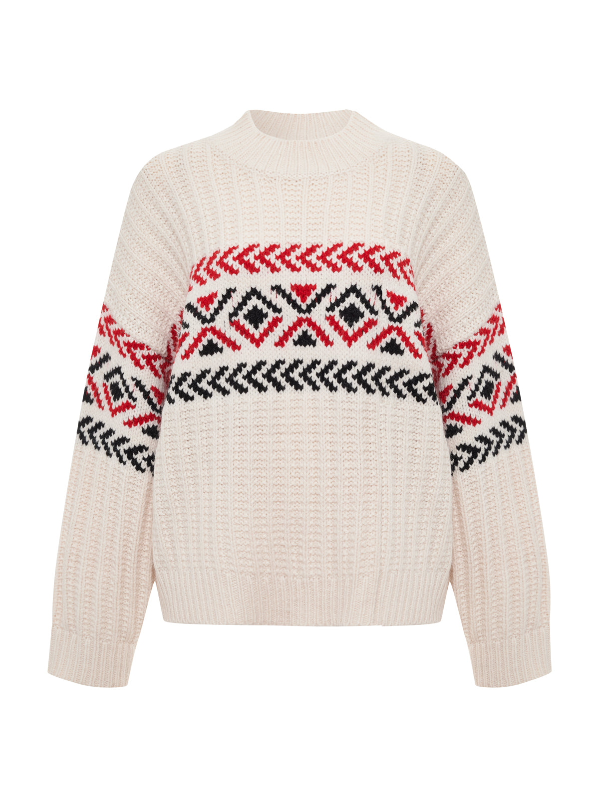 The Sanctuary Clothing "send it sweater chalk multi" is a cream-colored knit with striking red and black geometric patterns across the chest and sleeves, finished with ribbed crew neckline, cuffs, and hem.