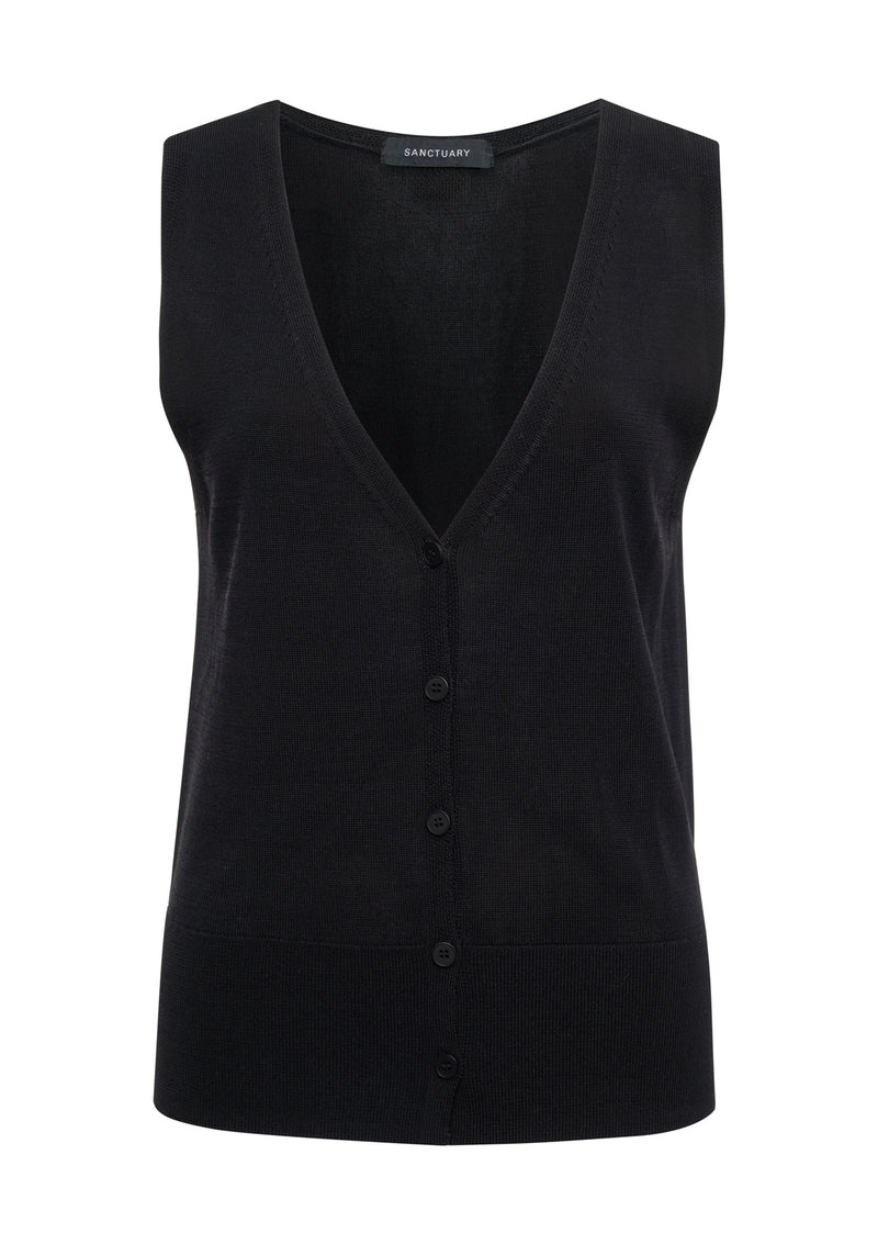 Knitted Button Front Top Black alt 5