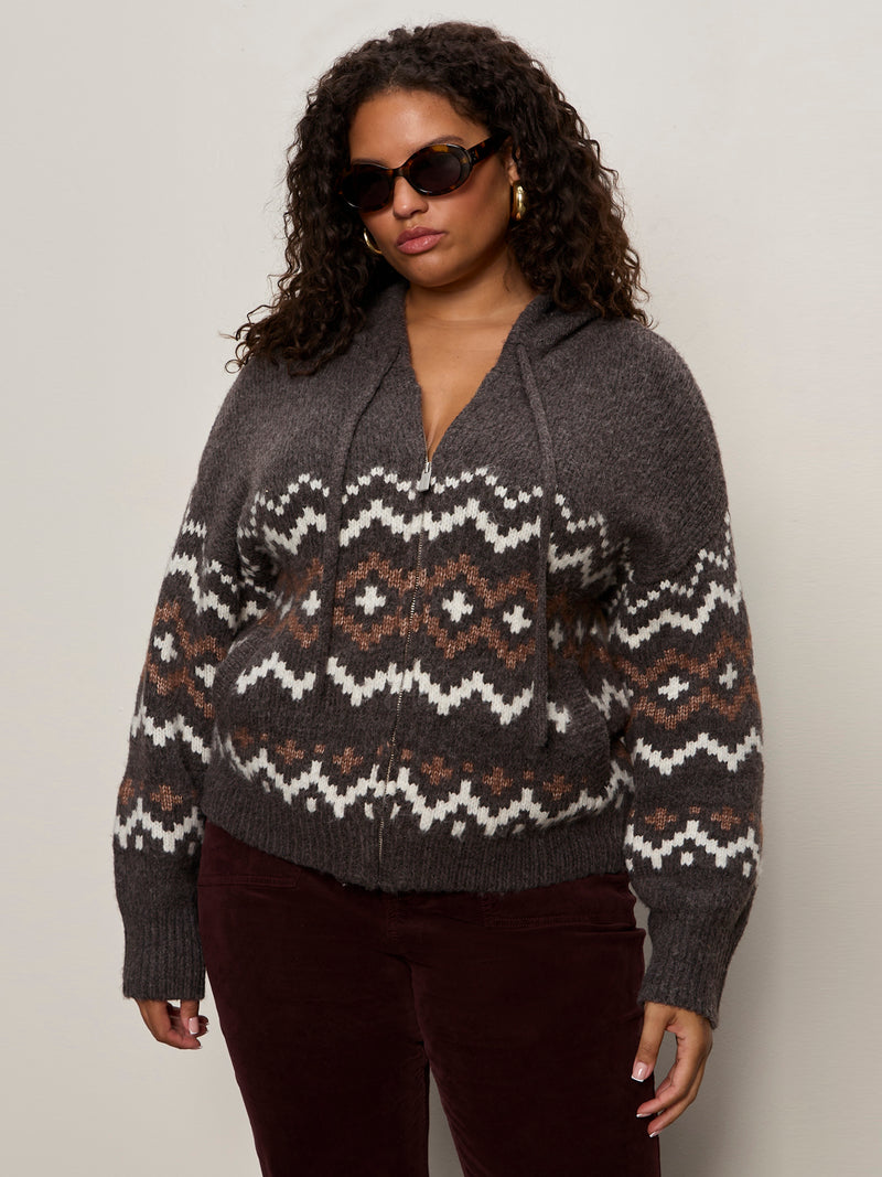 Zip-Up Fairisle Hoodie Mocha Fairisle Extended Sizing