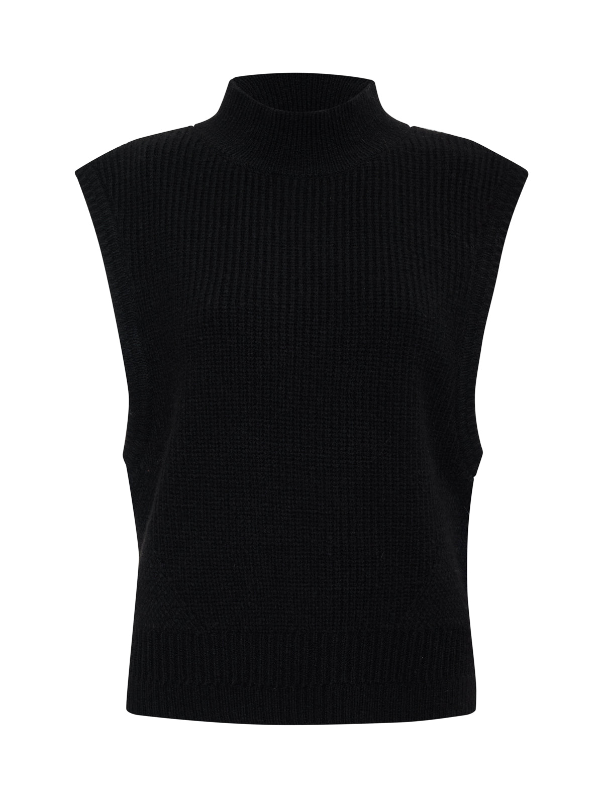 The Sanctuary Clothing city sweater shell in black (extended sizing) is a sleeveless knit vest featuring a high mock neck, ribbed texture, and wide armholes, pictured against a white background.