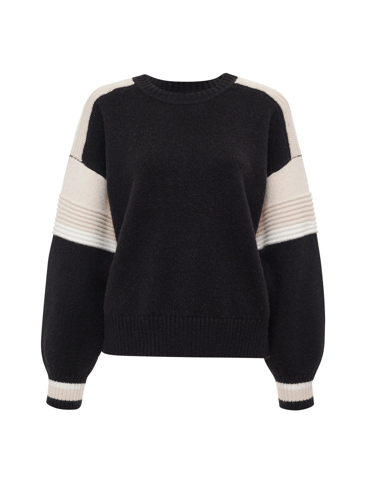 The Sanctuary Clothing sporty stripe crewneck sweater in black multi features a crew neckline, ribbed trim at the hem, neck, and sleeves, and white horizontal stripes on the upper arms and cuffs.
