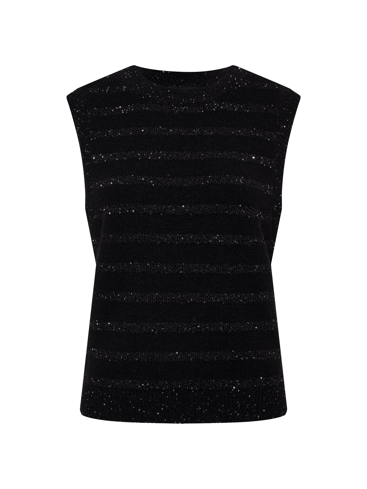 Sanctuary Clothing's Shine Sweater Shell in black features subtle horizontal stripes, a sleeveless design, round neckline, and straight hem with black shine, shown on a plain white background.