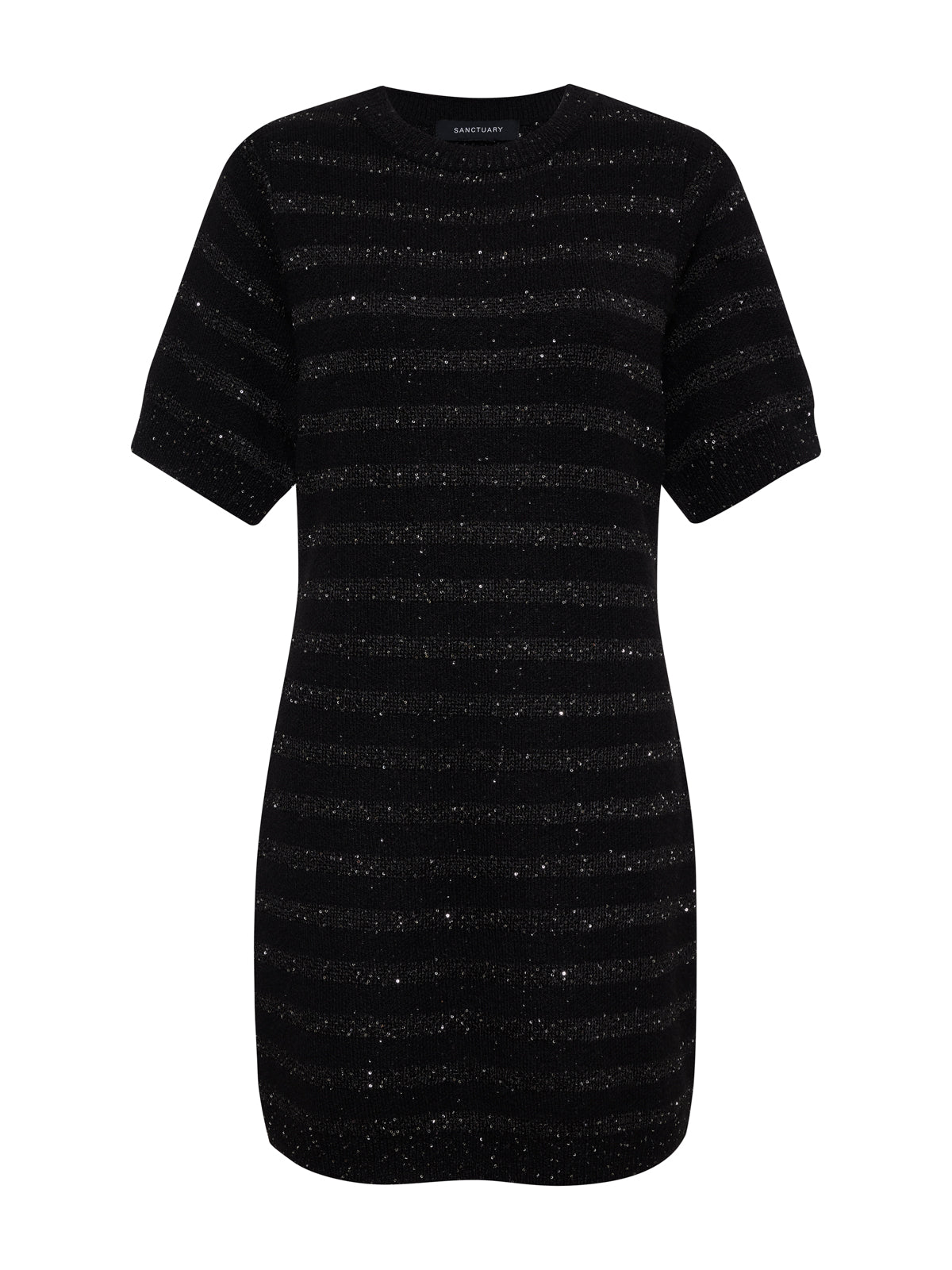 The Sanctuary Clothing shine t shirt sweater dress features short sleeves and black shine with subtle horizontal glittery stripes, shown on a plain white background.