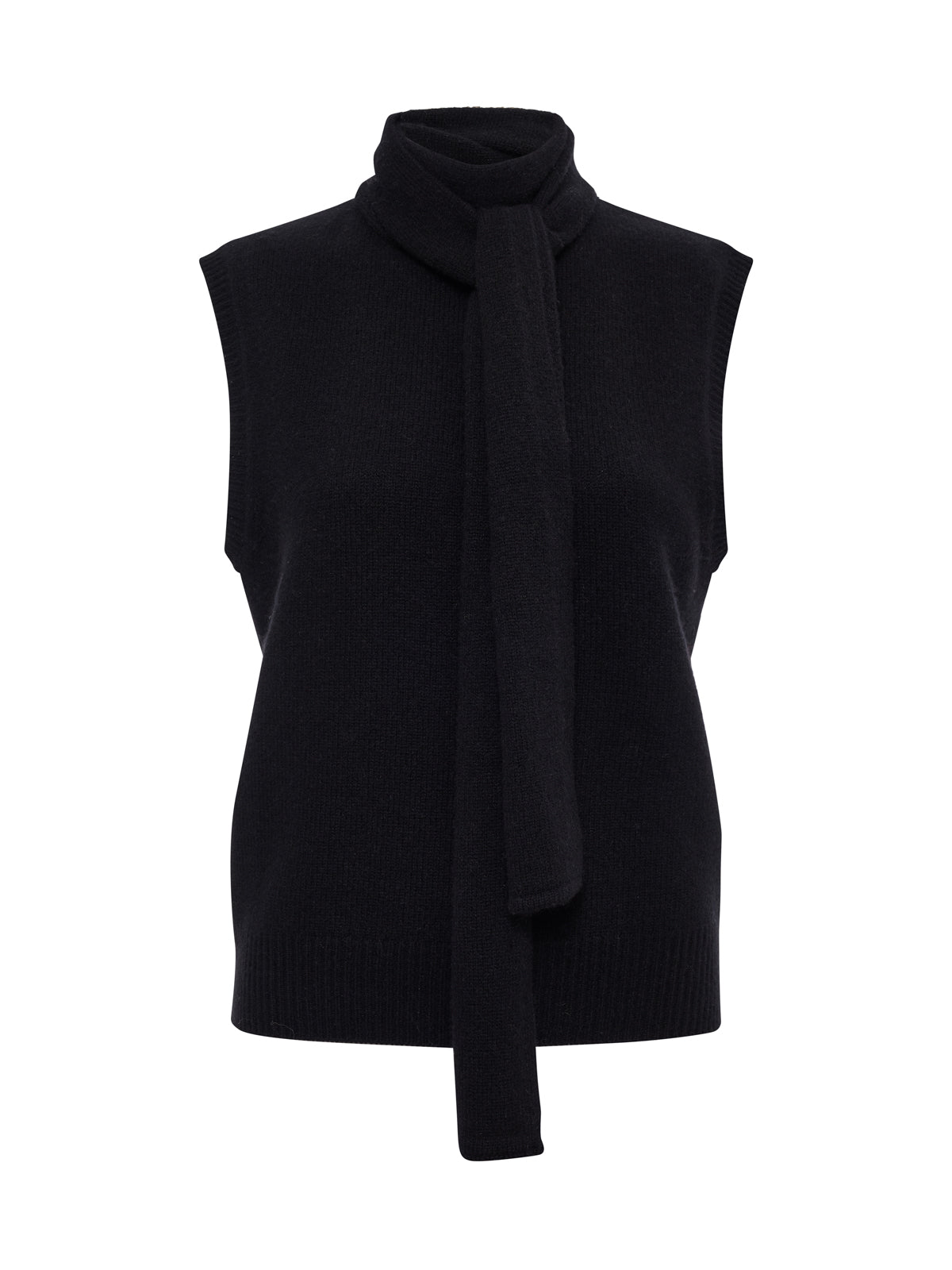 The Sanctuary Clothing scarf sweater shell in black features a sleeveless knit design with a high neckline and an attached long scarf, shown against a plain white background.