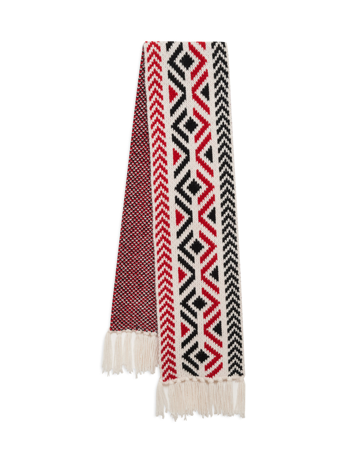 The send it scarf chalk multi by Sanctuary Clothing features a woven geometric zigzag pattern in black, red, and cream with fringed edges. Folded lengthwise, it displays both patterned and solid sections.