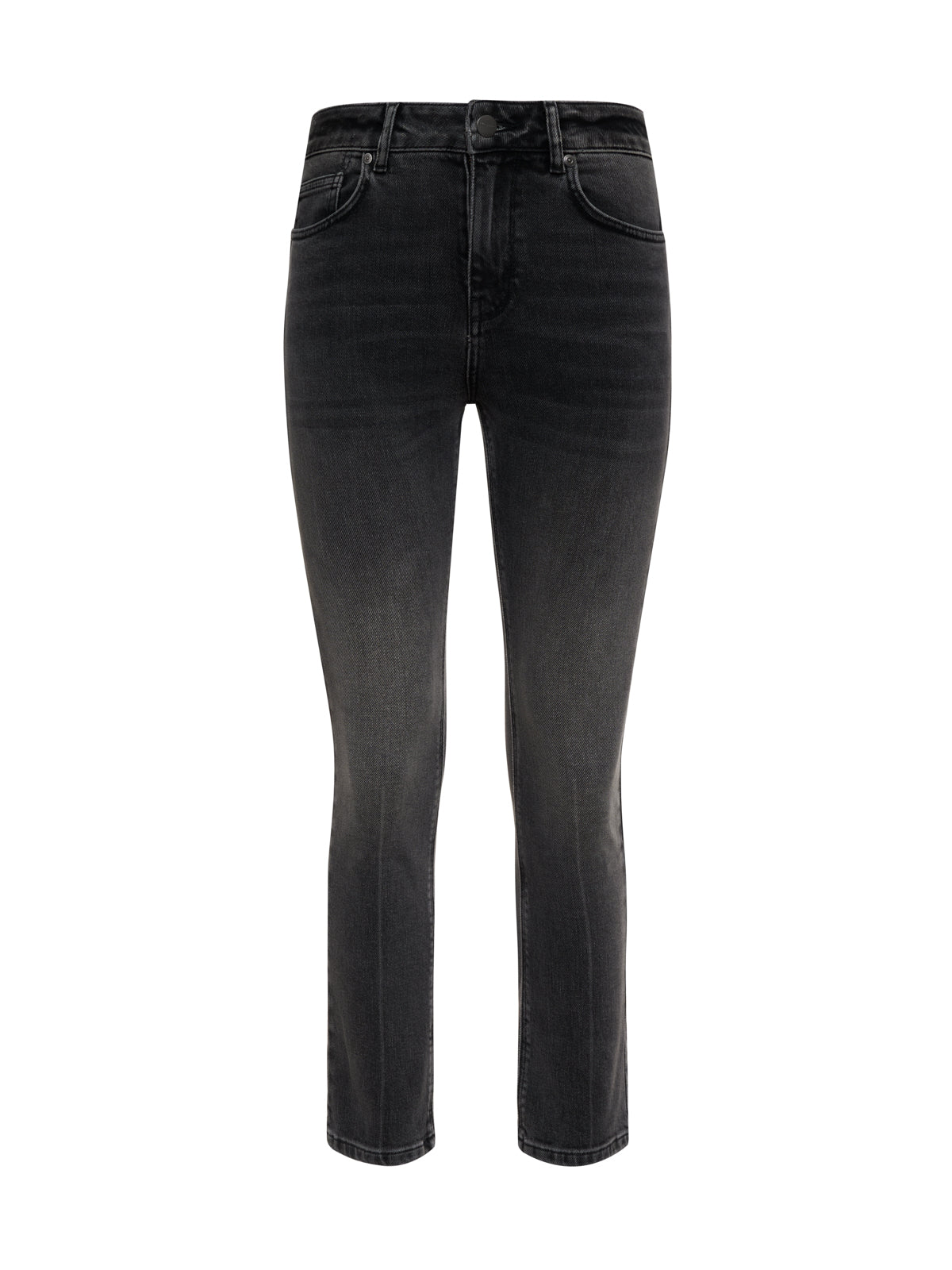 The Sanctuary Clothing astra kick crop jean in washed black denim features a high waist, skinny fit, faded wash, front and back pockets, and a button-zip closure, shown on a white background.