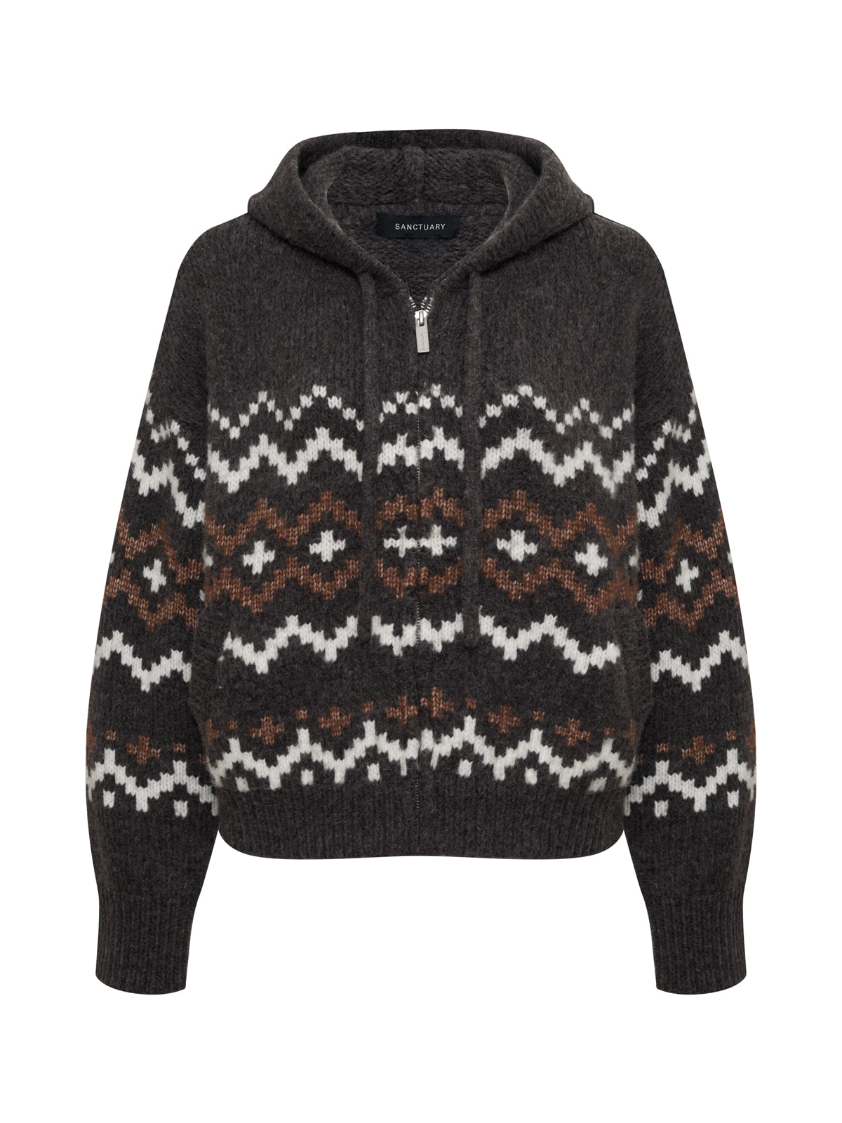 The Zip-Up Fairisle Hoodie Mocha Fairisle by Sanctuary Clothing is a dark gray hooded zip-up sweater with white and brown geometric patterns on the chest, sleeves, and hem, finished with ribbed cuffs and hem.