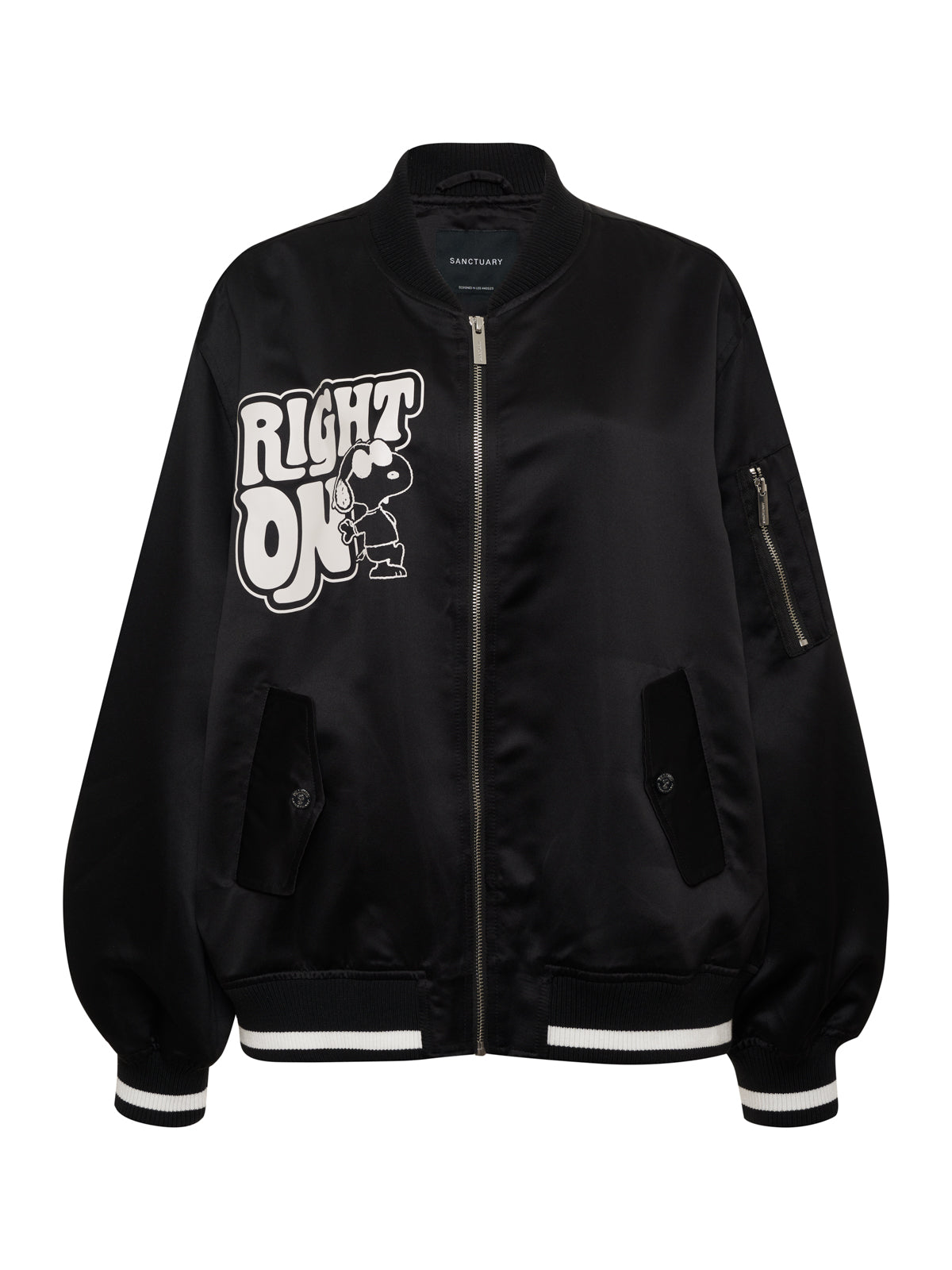 The right on jacket black by Sanctuary Clothing features white trim on the cuffs and hem, a zip front, a cartoon graphic with "RIGHT? OK" and a character on the left chest, plus a zippered pocket on the left sleeve.
