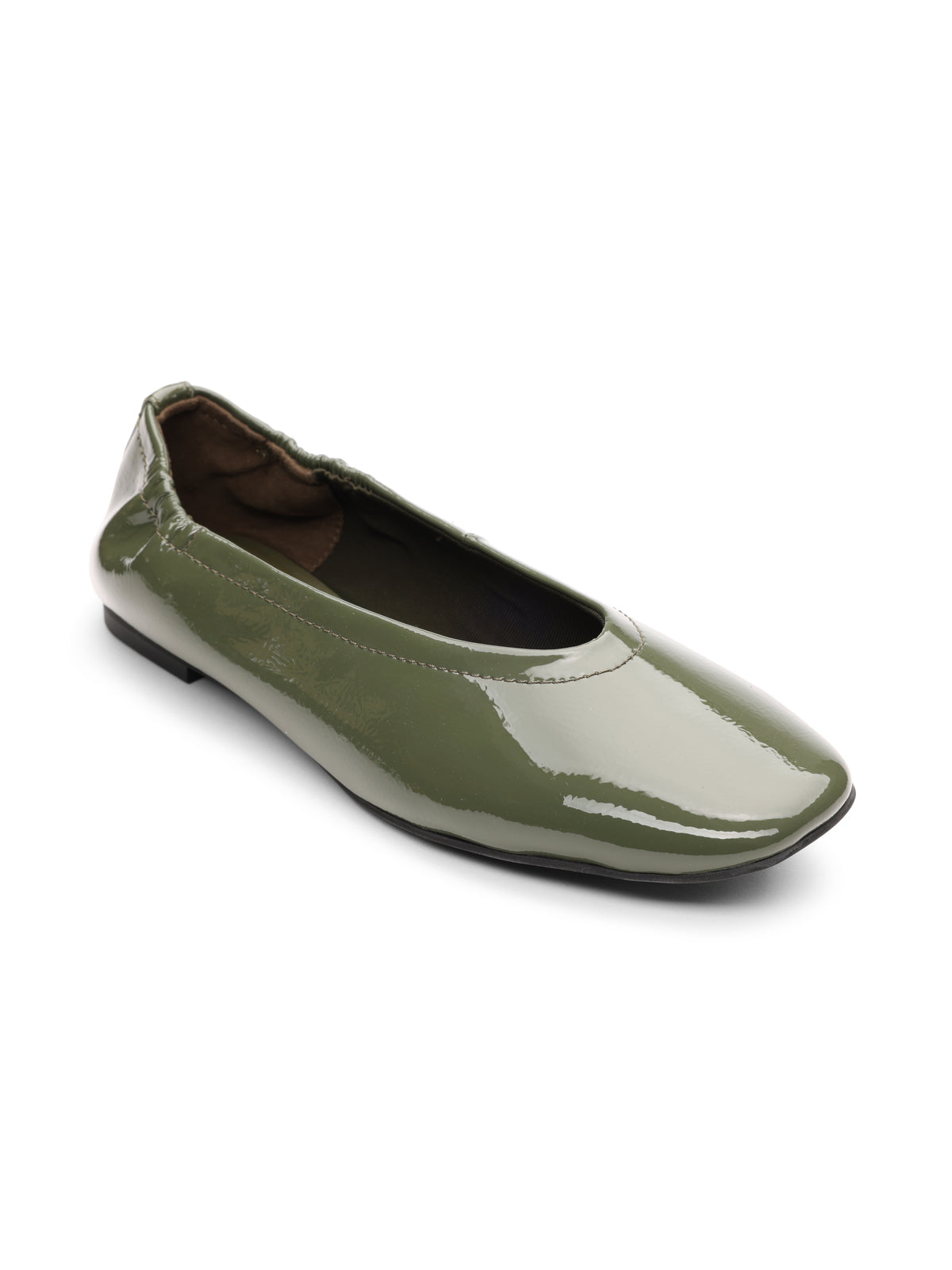 The gigi ballet flat black kalamata by Sanctuary Clothing features a shiny olive green finish, rounded toe, and slightly raised heel, shown on a white background.