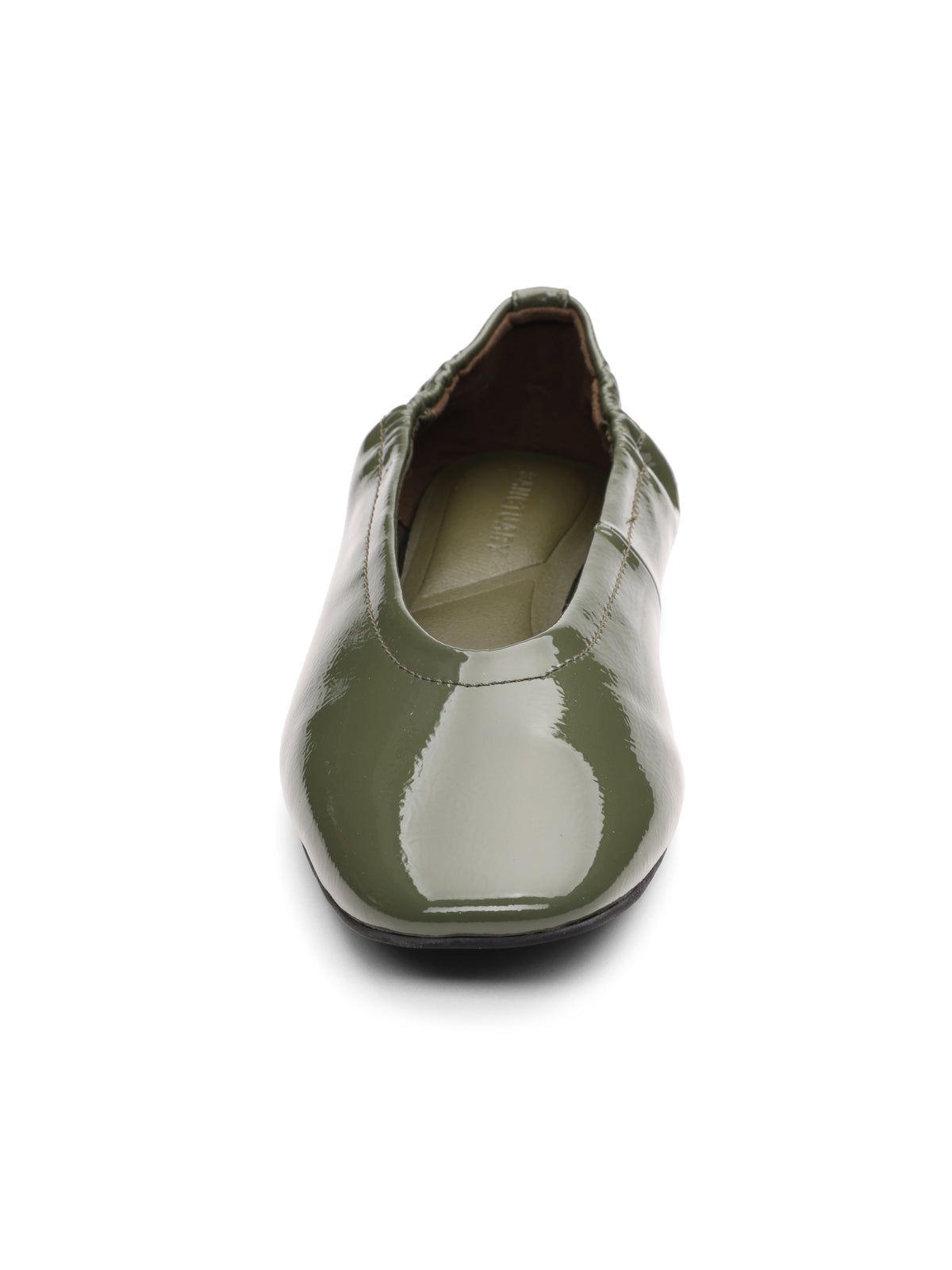 Front view of the Sanctuary Clothing gigi ballet flat in black kalamata, featuring a shiny olive green finish, rounded toe, and gathered detail at the opening, photographed on a white background.