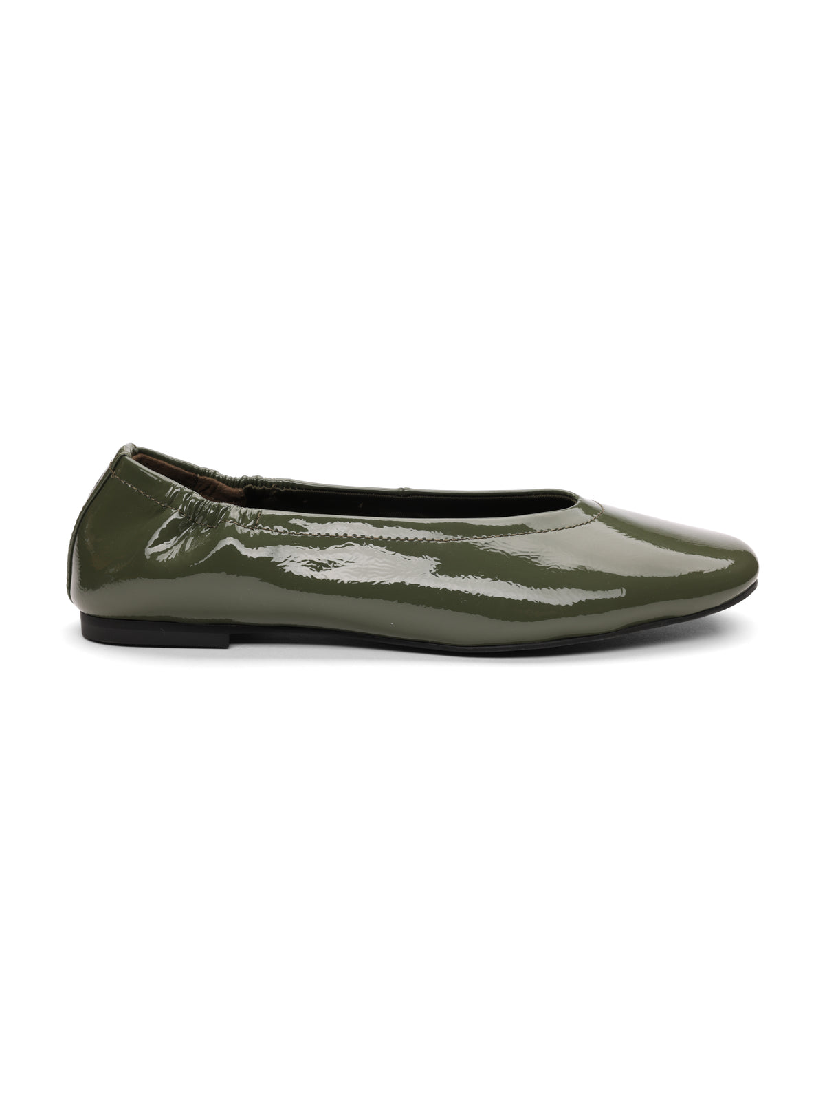The gigi ballet flat black kalamata by Sanctuary Clothing features shiny olive green patent leather, a rounded toe, and a low black sole, shown from the side on a white background.