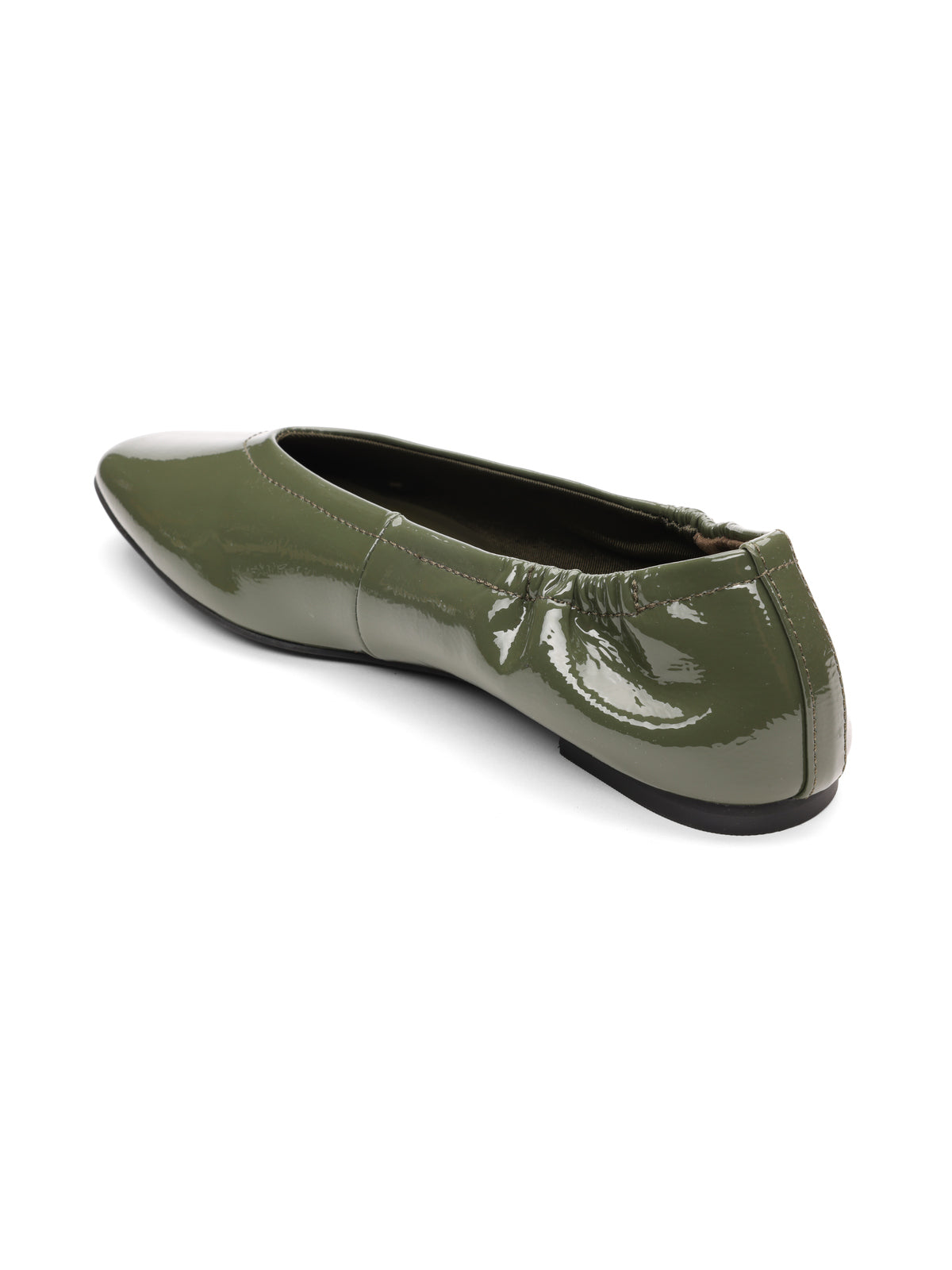 The gigi ballet flat in black kalamata by Sanctuary Clothing features shiny olive green patent leather, an elasticized back, low heel, and slightly pointed toe, showcased on a white background.
