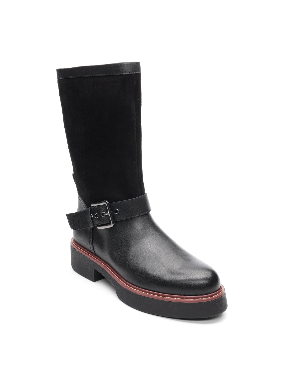 The milena boot black by Sanctuary Clothing features a black mid-calf design with a low block heel, side buckle strap, smooth leather foot, suede upper, and a thick sole accented by brown trim.