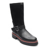 The milena boot black by Sanctuary Clothing features a black mid-calf design with a low block heel, side buckle strap, smooth leather foot, suede upper, and a thick sole accented by brown trim.