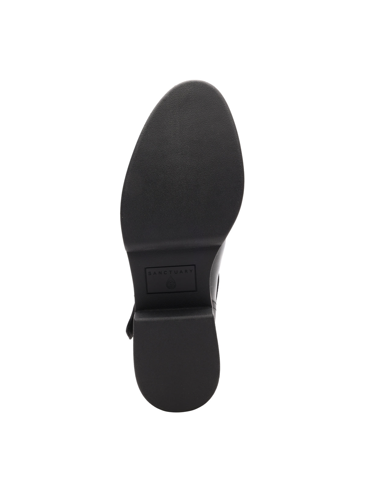 The image shows the bottom view of the Sanctuary Clothing milena boot black, featuring a low heel, textured sole, and a rectangular label with "SANCTUARY" near the heel.