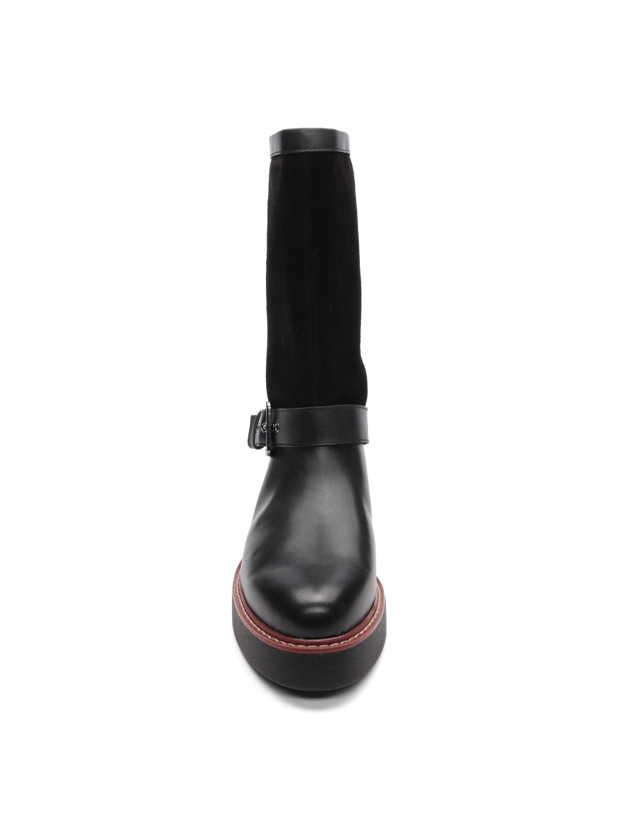 Front view of the Sanctuary Clothing Milena Boot Black, featuring round toe, black leather and suede upper, buckle strap detail, and a thick brown-stitched sole, isolated on white.