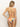 A person with long hair models the Sanctuary Clothing bright breeze side tie hipster bikini bottom in kona, featuring vibrant orange, pink, green, and brown swirls. The colorful piece has a halter neck and tie back design and is worn against a plain, light background while facing away from the camera.