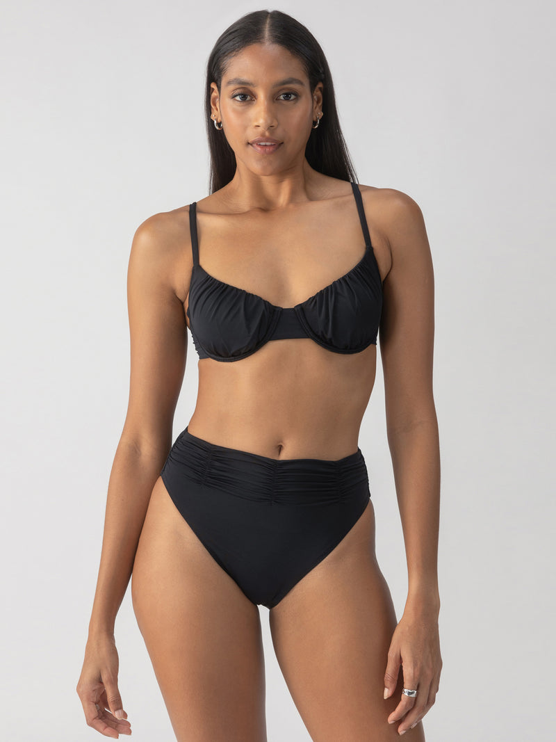 Beach Goddess Excess Shirr Waist Bikini Bottom Black alt 1