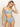A woman poses against a neutral backdrop in a blue chateau refresh rib high leg high rise bikini from Sanctuary Clothing. With long hair, she touches her forehead with one hand and gazes down with closed eyes, wearing the bandeau top and high-waisted bottoms.