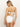 Standing in profile, a person wears the Sanctuary Clothing's "refresh rib high leg high rise white" swimsuit. With long, blonde hair, they gaze slightly downward against a neutral background.