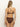 A woman with long blonde hair poses against a plain background, wearing the Stay Connected One Shoulder Bikini Top in Espresso by Sanctuary Clothing. She faces away from the camera, with one shoulder strap slightly off.