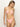 A person with long hair poses against an off-white background, wearing the Sanctuary Clothing "Stay Connected" bandeau bikini top in cherry blossom. The bikini features cut-out details and small bows, as they look down to the left.