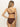 A woman with long blonde hair is viewed from the back wearing sanctuary clothing™s stay connected hipster bikini bottom in espresso, featuring a brown ribbed design and asymmetrical strap top, standing against a plain, light background.