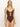 A person in the Sanctuary Clothing "Stay Connected Open Front Mio Swimsuit" in espresso, featuring cut-out details and decorative rings, stands against a plain light background. They have long, straight blonde hair.