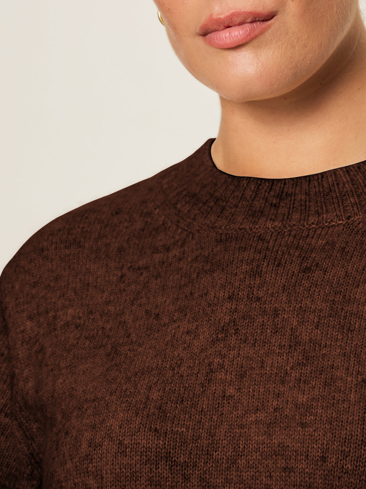 A close-up of a person wearing the Sanctuary Clothing perfect sweater tee chicory (extended sizing), showing only the lower face, neck, and upper torso against a plain light background.