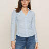 A woman with straight brown hair wears the Sanctuary Clothing dreamgirl lace button up top in blue powder and blue jeans, standing against a beige background and looking at the camera with a neutral expression.