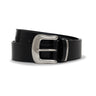 The Rowan Belt Black by Sanctuary Clothing, featuring a shiny silver buckle, is coiled neatly on a white background.