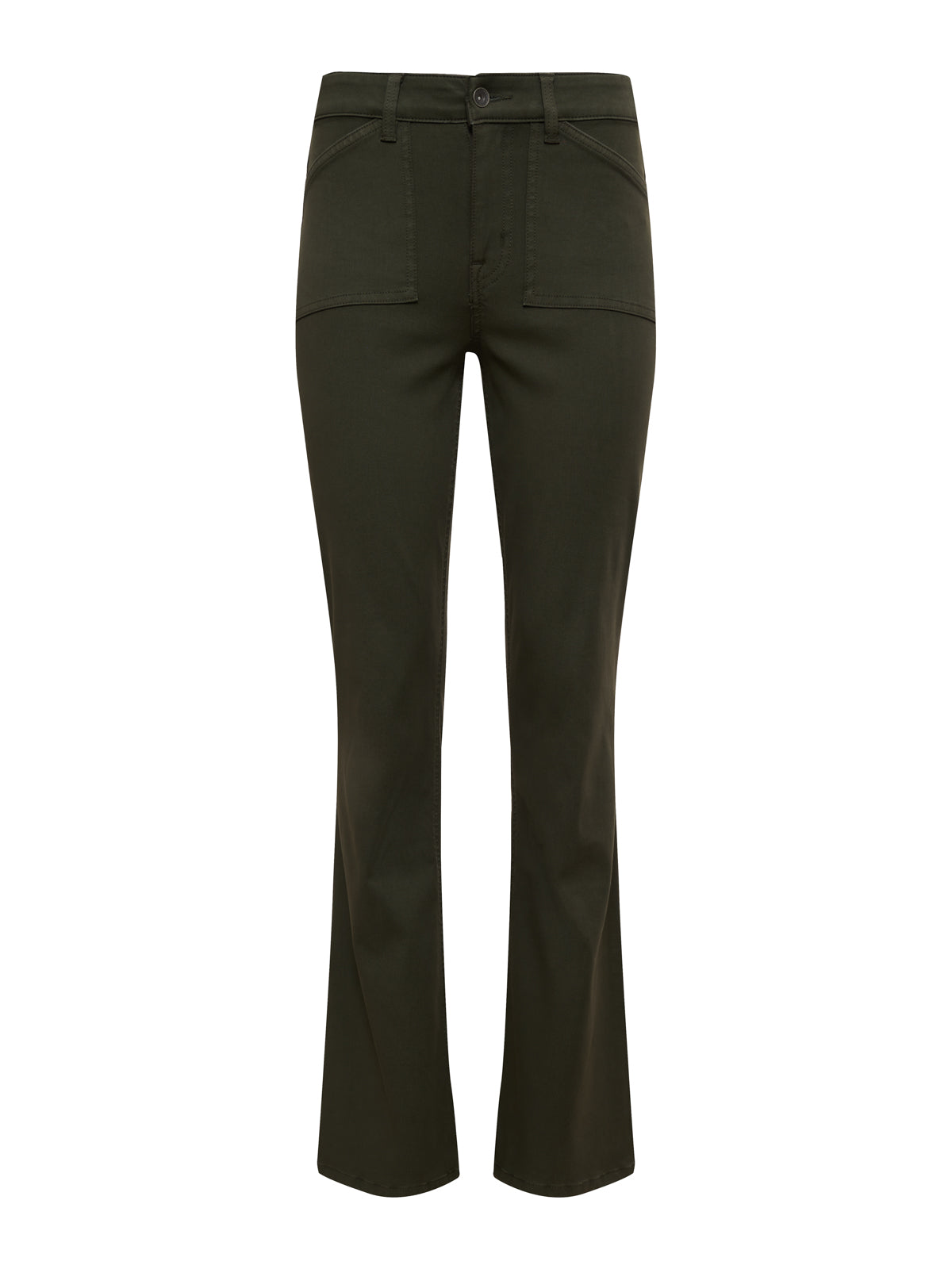 The sculpted brook bootcut pant in kalamata by Sanctuary Clothing features a dark green hue, high waist, front patch pockets, belt loops, and front button and zipper closure, shown on a plain white background.
