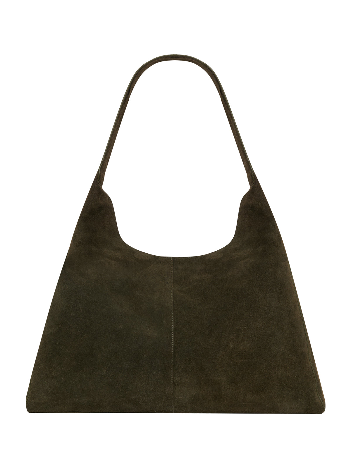 The endless large hobo bag in dark olive by Sanctuary Clothing features a minimalist triangular shape, dark olive suede, and a single wide strap, displayed against a white background.