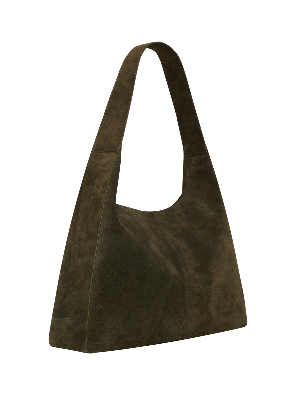 The endless large hobo bag in dark olive by Sanctuary Clothing features a wide strap and minimalist suede design, shown on a white background.