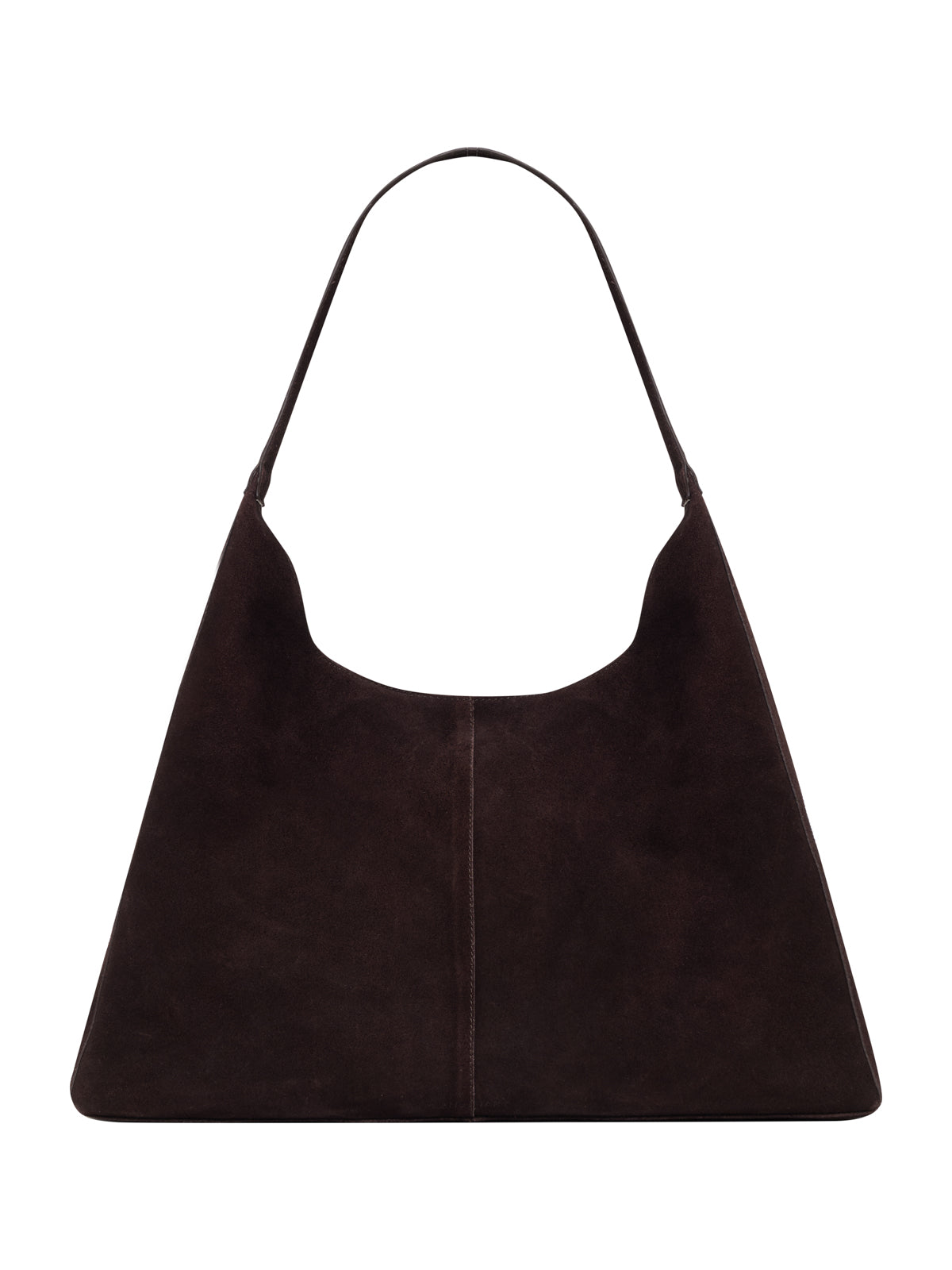 The endless large hobo bag chicory by Sanctuary Clothing is a dark brown suede triangular handbag with a single wide strap and minimalist design, shown against a white background.