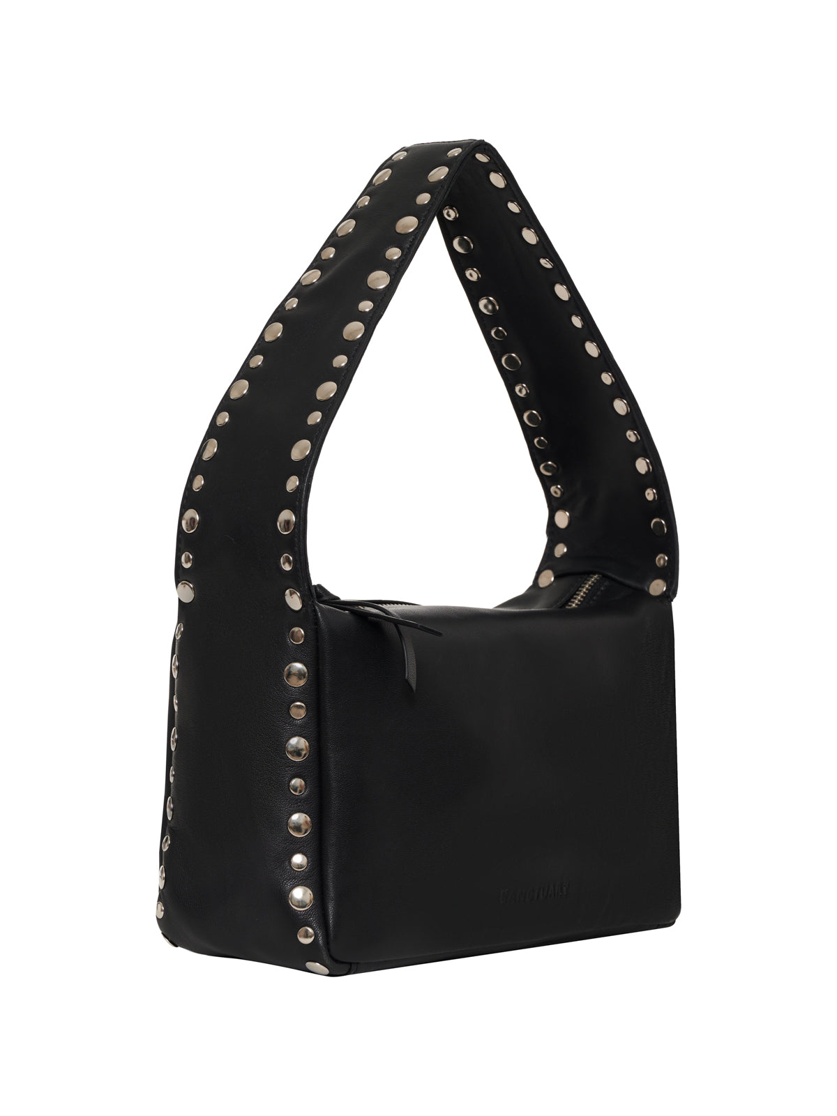 The midnight bag black by Sanctuary Clothing features a boxy shape, top zipper closure, and a wide strap adorned with evenly spaced silver studs along the strap and bag edges.