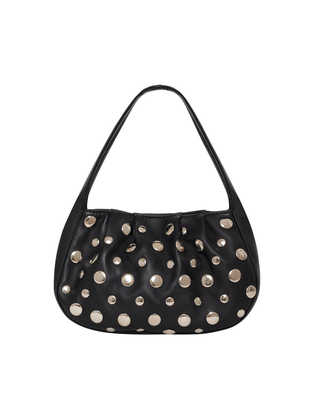 The Sanctuary Clothing charm bag black features a single shoulder strap and is adorned with large and small metallic silver studs scattered across the front.