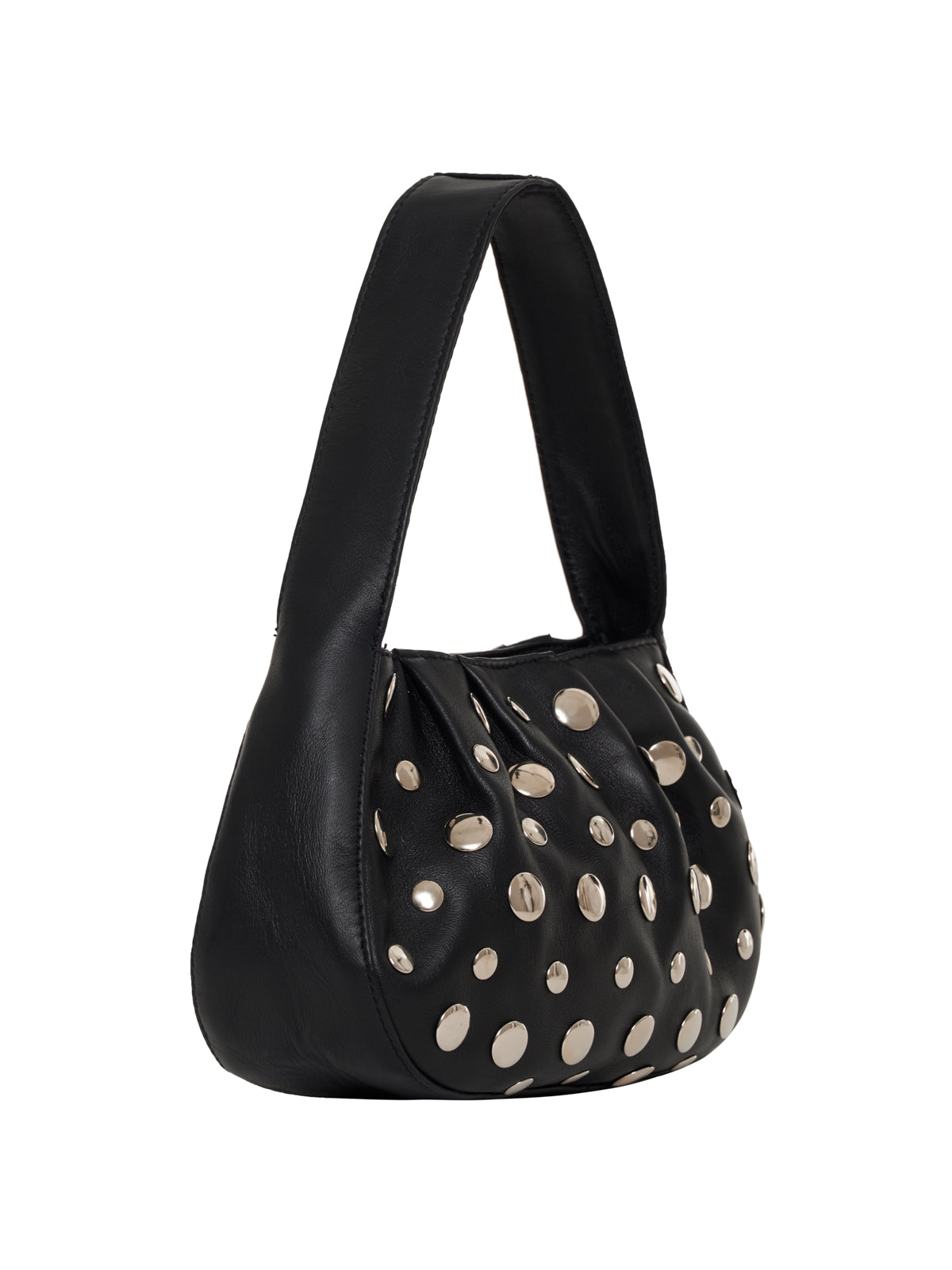 The charm bag black by Sanctuary Clothing is a black leather handbag featuring a wide strap and large, round silver studs arranged evenly on the front and sides.