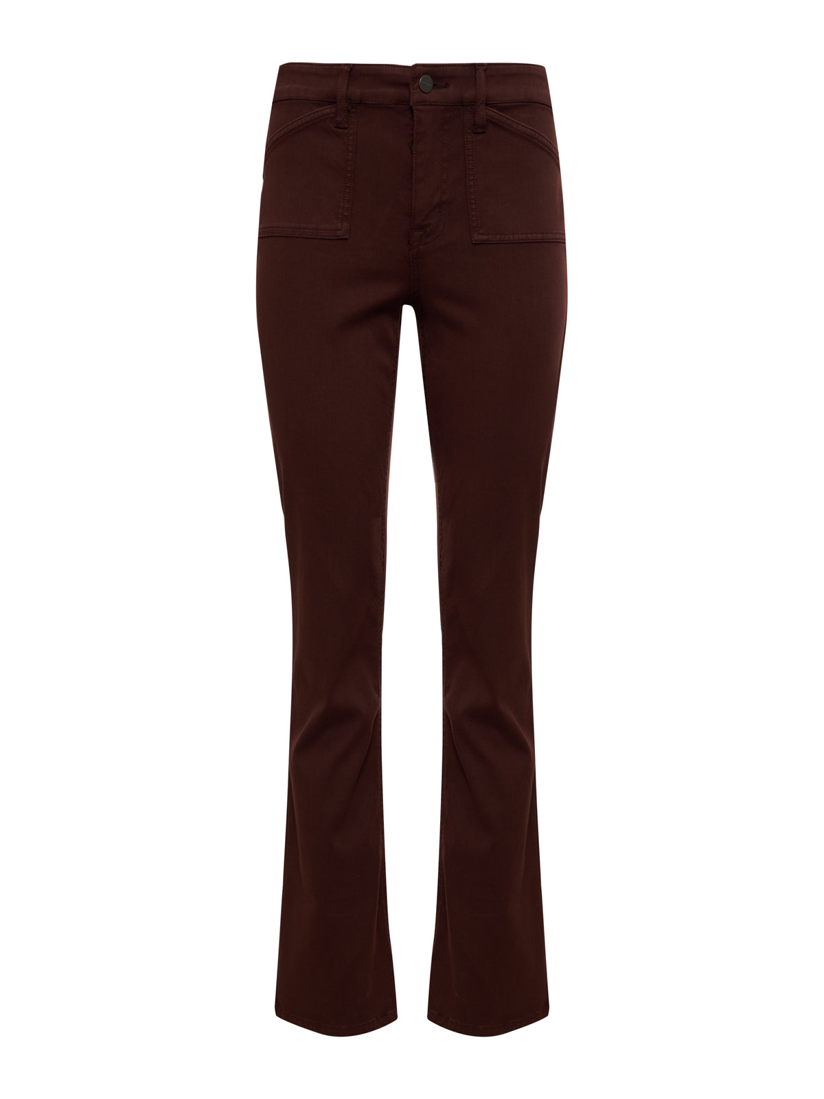 The Sanctuary Clothing sculpted brook bootcut pant in chicory is high-waisted, dark brown, with front patch pockets, shown against a white background.