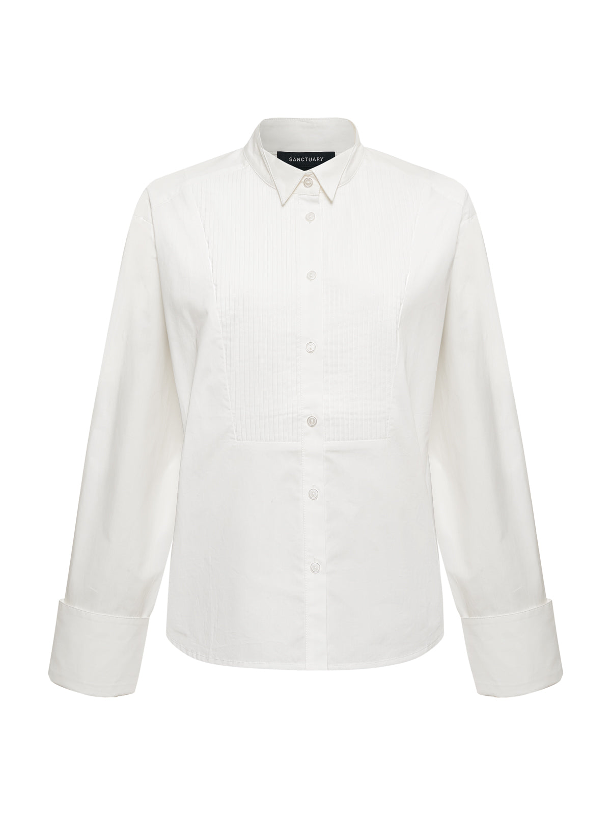 The Sanctuary Clothing new era tuxedo shirt in white features long sleeves, a pointed collar, front placket, cuffed sleeves, and subtle vertical chest texture. Displayed against a plain white background.