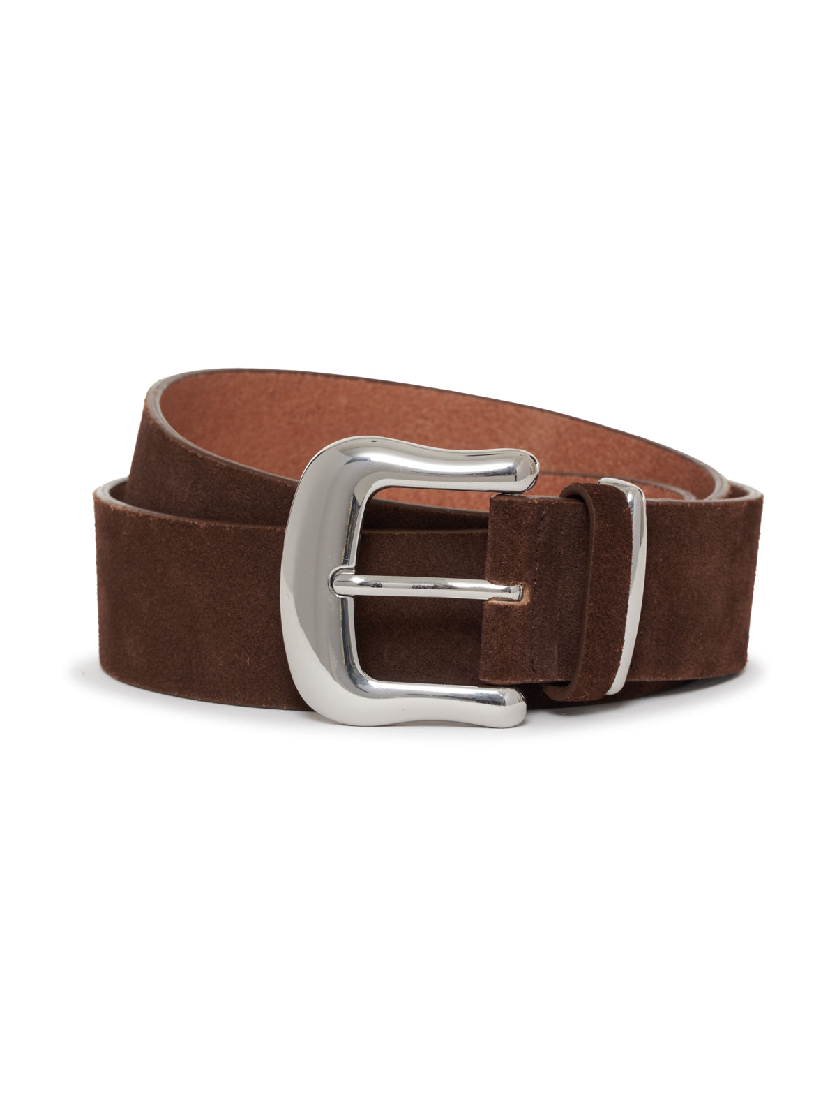 The Rowan Belt Chicory by Sanctuary Clothing is a dark brown suede leather belt with a shiny silver buckle, neatly rolled and displayed on a white background.