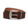 The Rowan Belt Chicory by Sanctuary Clothing is a dark brown suede leather belt with a shiny silver buckle, neatly rolled and displayed on a white background.