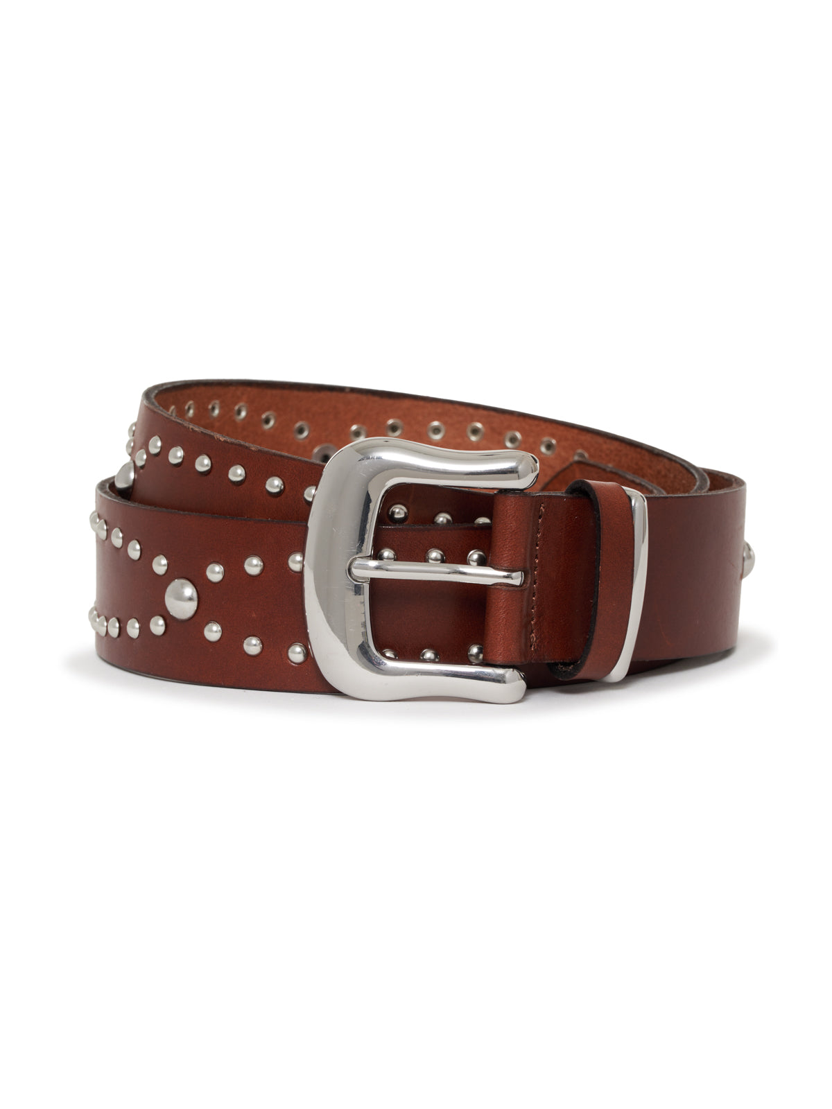 The Rowan Studded Belt Mahogany by Sanctuary Clothing features silver studs in different sizes and a shiny silver buckle, shown coiled on a white background.